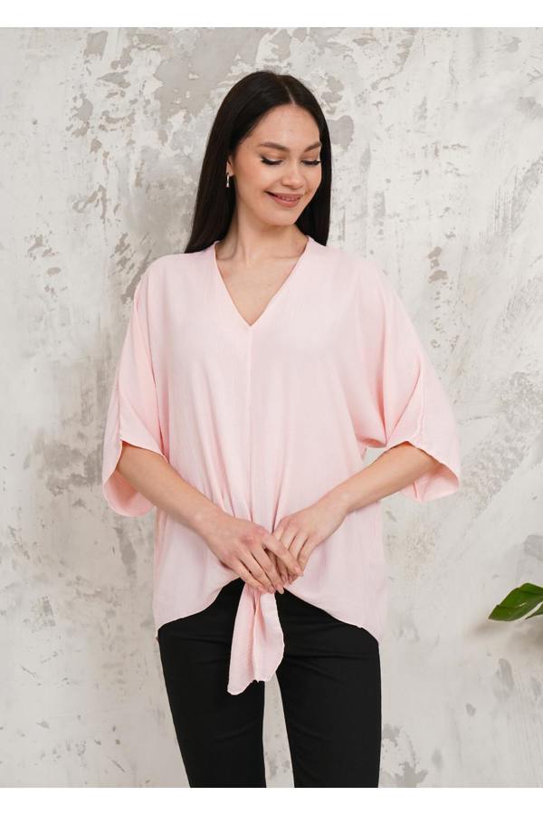 Hoxton Gal Oversized V Neck Tie Front Detailed Blouse with 3/4 Sleeves in Pink