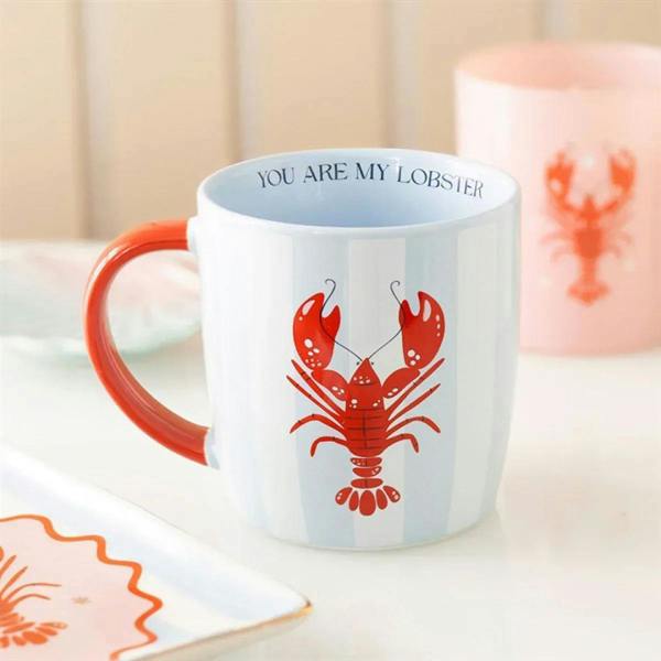 Light blue striped ceramic mug with red lobster graphic and 'YOU ARE MY LOBSTER' text