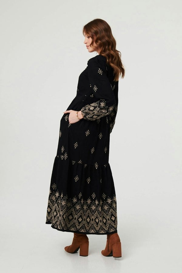 Black | Border Print Long Sleeve Maxi Dress