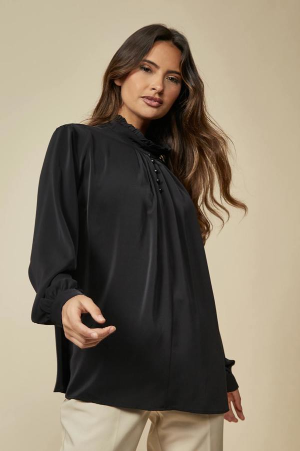 Hoxton Gal Oversized Ruffle Neck Top with Long Sleeves in Black