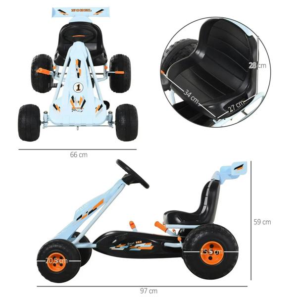 Light blue kids pedal go-kart, front and side views with black seat and orange wheels