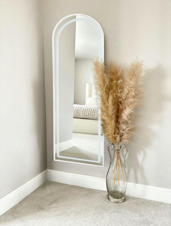 Downton Interiors Stunning White Arched Metal Frame LED Wall or Floor Standing Dressing Mirror 145cm x 45cm - Soho Collection