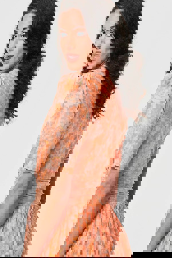 Orange | Printed 3/4 Sleeve Ruched Midi Dress
