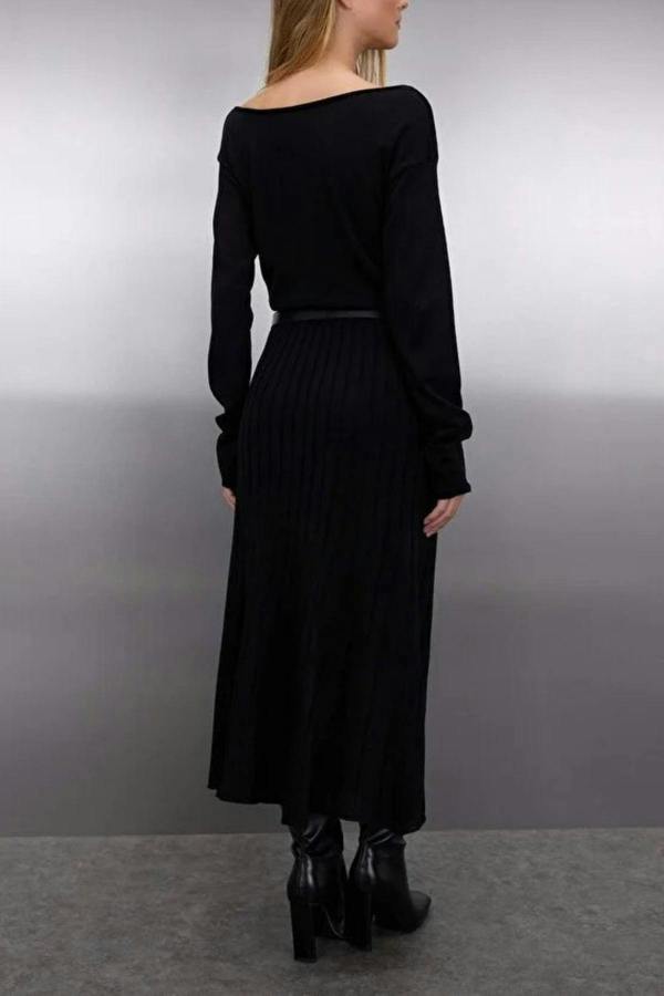 WOVCOR A-line Boat Neck Maxi Knit Belted Long Dress