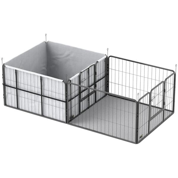 Seven-panel dog whelping box playpen with black metal frame and gray fabric panels
