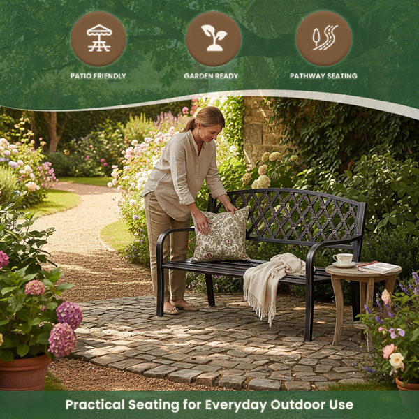 Warwick Metal Garden Bench with Web Pattern Cast Iron Back