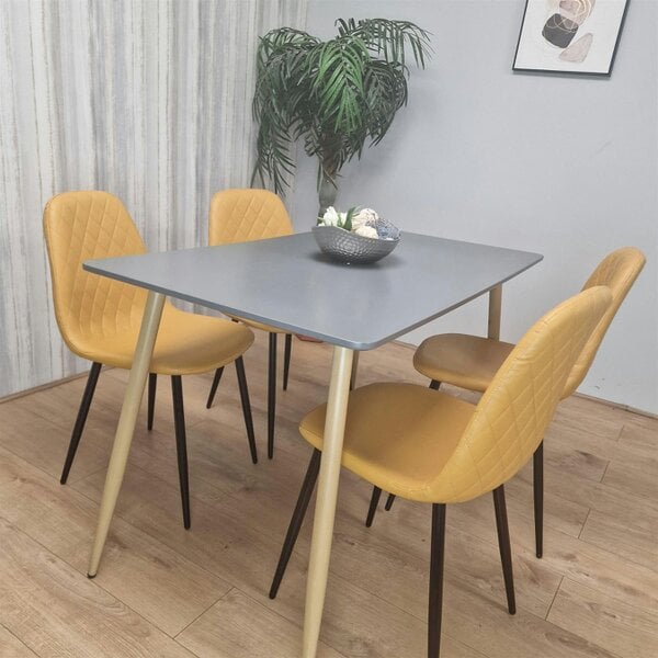 Kosy Koala Wooden Rectangle Dining Table Set Grey Table with 4 Mustard Gem Patterned Chairs