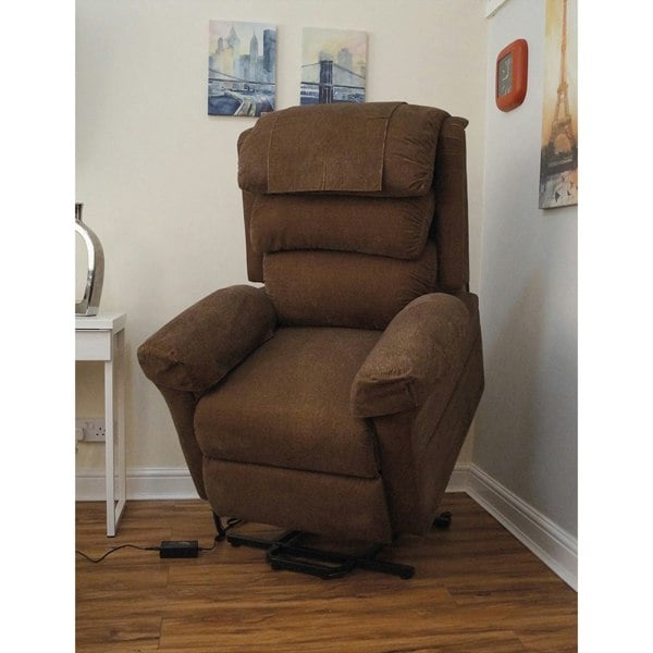 Wall Hugging Rise & Recline Arm Chair - Waterfall Pillow - Brown Chenille Fabric Loops