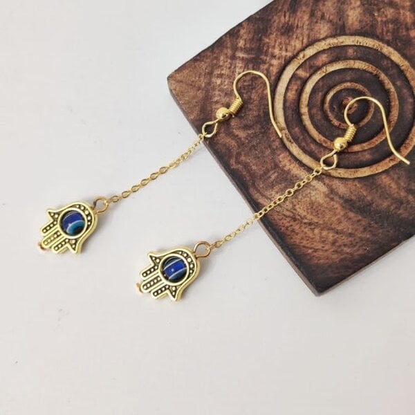 The Colourful Aura Long Chain Gold Hamsa Fatima Hand Protection Evil Eye Tassel Hand Drop Earring