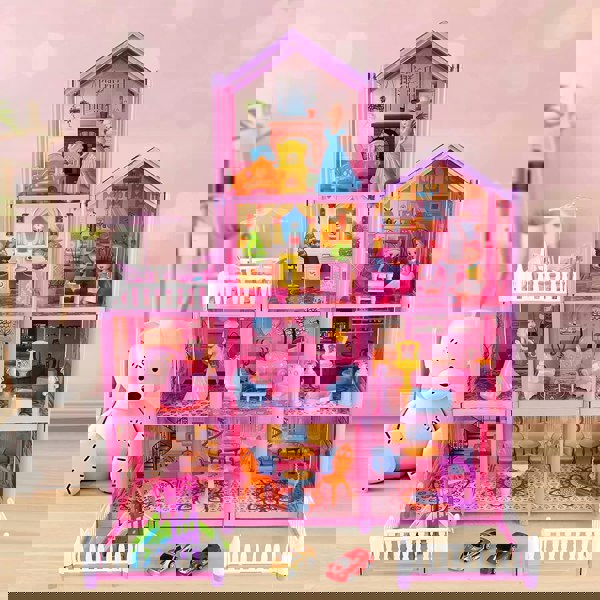 deAO Toys Princess My first Dolls House Kids Pink Grand Four Story Castle Dolls House Playset With Furniture