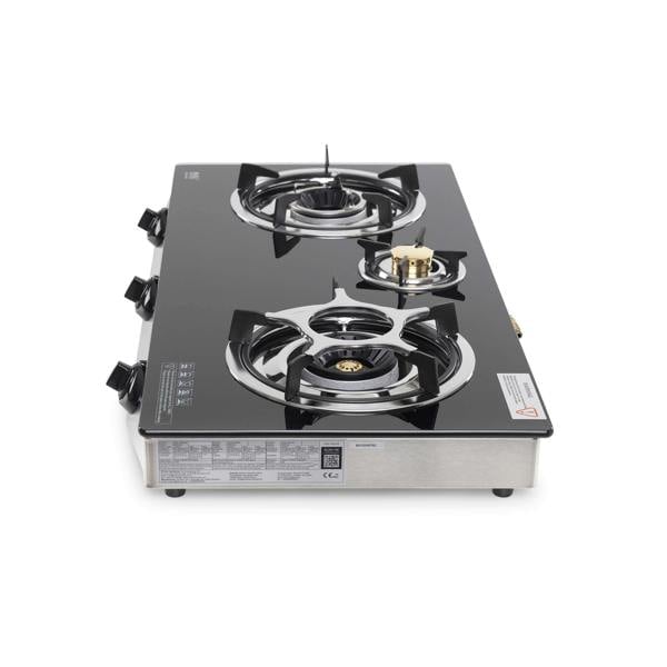 Portable gas cooker with three burners on a white background