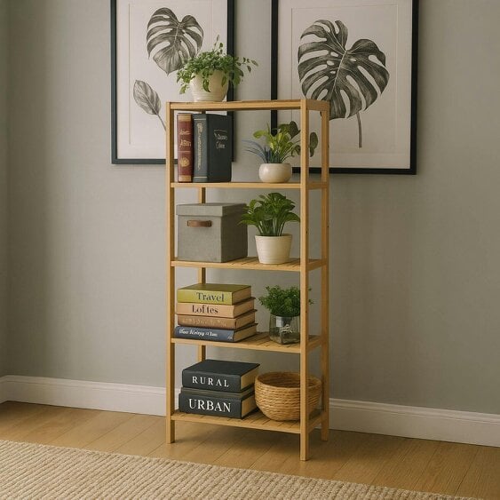 Neo Natural 5 Tier Bamboo Storage Shelf Shelves Rack Adjustable Multi-Purpose Rack Shoes Plants Bathroom Kitchen Hallway Room Organiser Unit