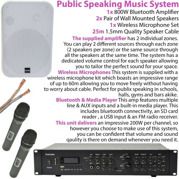 800W Bluetooth Sound System 4x White 200W Wall Speaker Amp Wireless Microphones