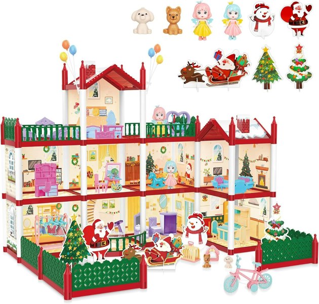 deAO Toys Christmas Doll House Playset – 3D DIY Two-Floor Dream House with Garden & Accessories Pretend Play Princess House Gift for Kids Ages 3+