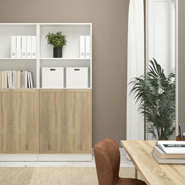 Furniture To Go Basic Tall Wide Combination Storage in White (4 Shelves) with 2 Oak Doors