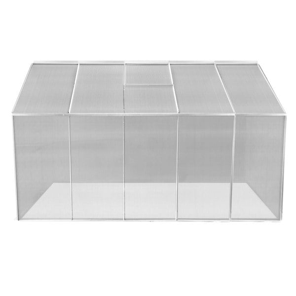 Silver polycarbonate greenhouse measuring 6ft x 10ft, featuring a sturdy frame and transparent panels for optimal sunlight access