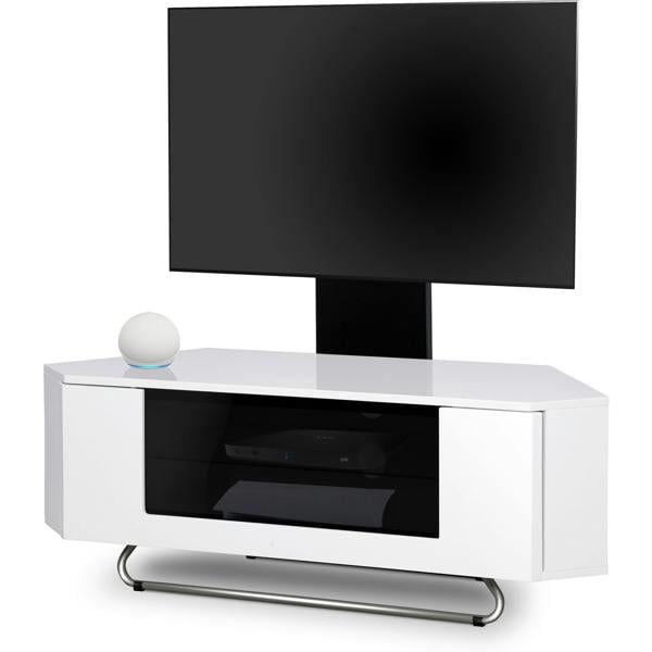 Homeology Hampshire Corner-Friendly Gloss White with Contrast Beam-Thru Remote Friendly Door 26"-50" Flat Screen TV Cabinet with Mounting Arm