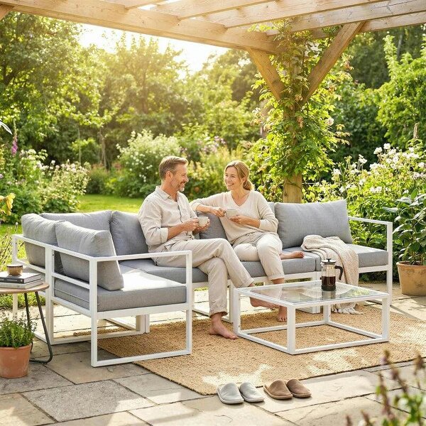 5 Seater Aluminium Garden Furniture Set, Garden Sofa Set with Thick Cushions for Patio and Balcony, Outdoor, Light Grey - Light Grey