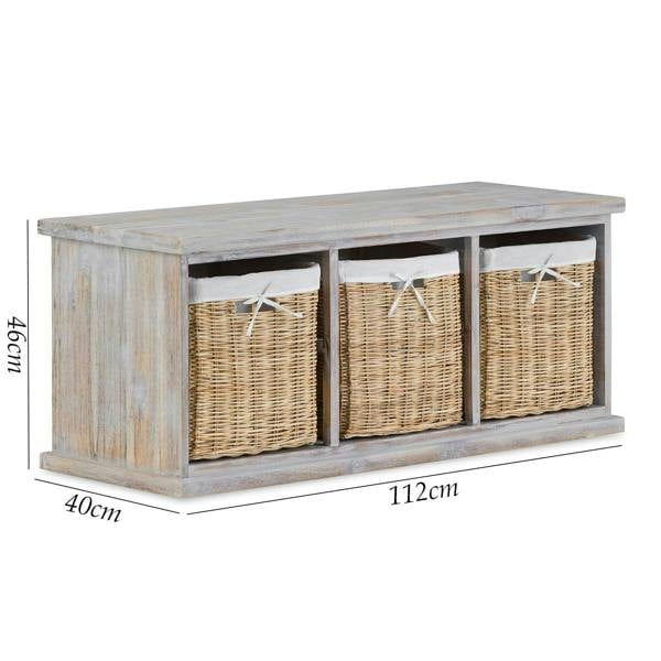 Statement Furniture Tetbury Acacia Hallway Bench with Natural Wicker Storage Baskets