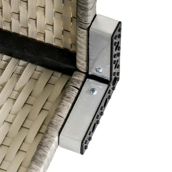 Close-up of light grey wicker rattan coffee table corner with metal support brackets and bolts