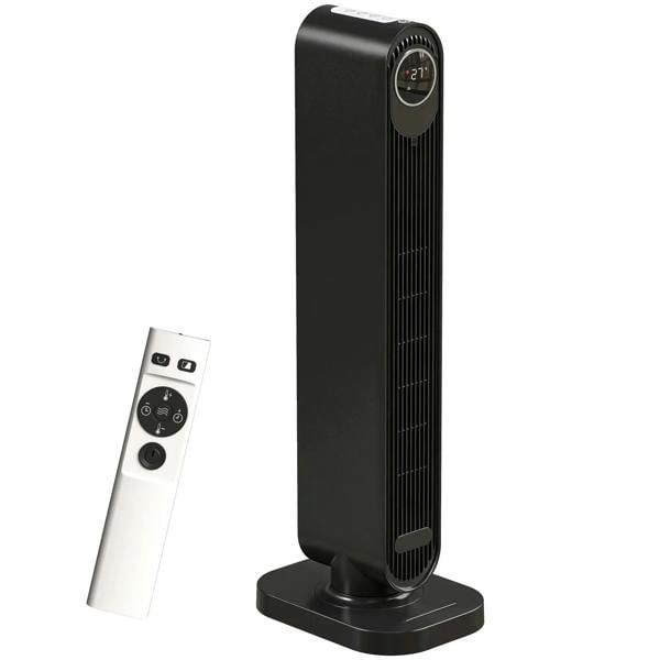 Black tower ceramic electric heater with fan; top control display, included remote