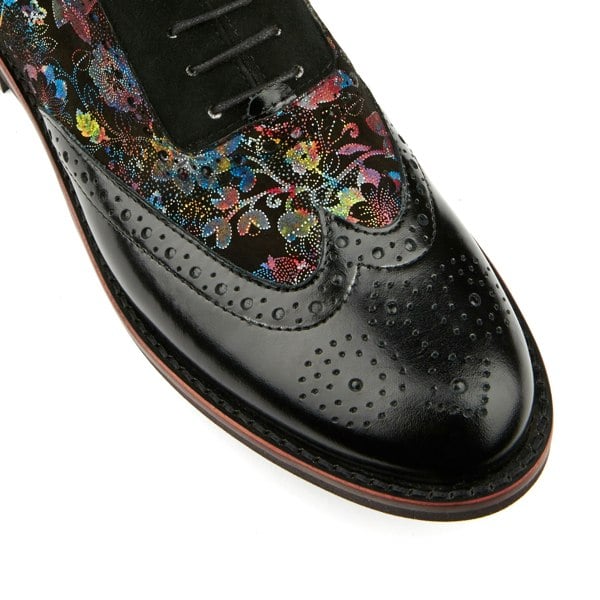 Embassy London Vivienne - Black Flower - Women's almond toe lace up leather oxfords with broguing