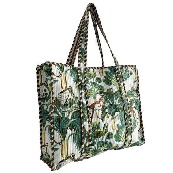 Hayley & Co Leopard Print Large Quilted Cotton Tote Shoulder Bag in White
