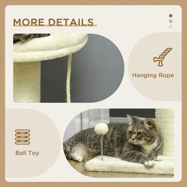 Cream cat tree detail: hanging rope and ball toy on the sisal scratching post