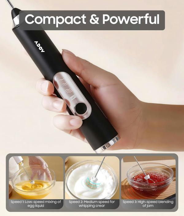 ADOV Rechargeable Handheld Milk Frother, 3-Speed Electric Coffee Whisk with 2 Heads for Latte, Cappuccino and Matcha