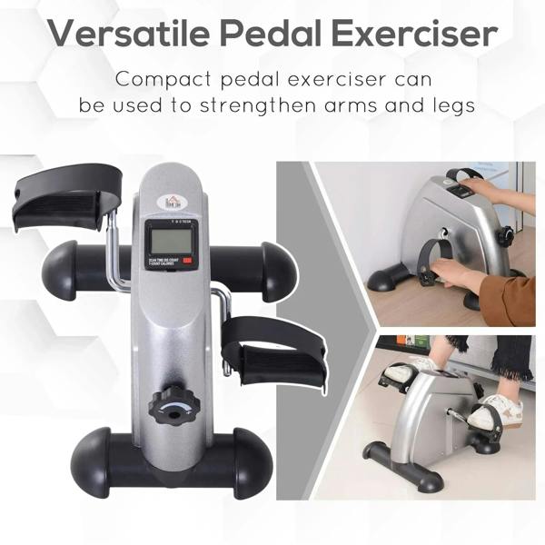 Silver versatile pedal exerciser with dual pedals, arm handles, and LCD display