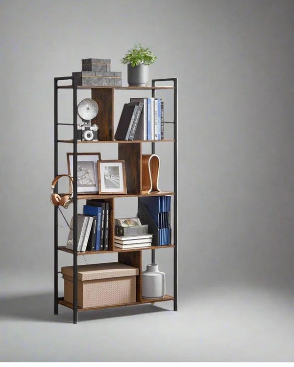 Modcraft Bookshelf 5 Tier Rustic Brown Industrial Storage Shelf for Living Room Bedroom or Office