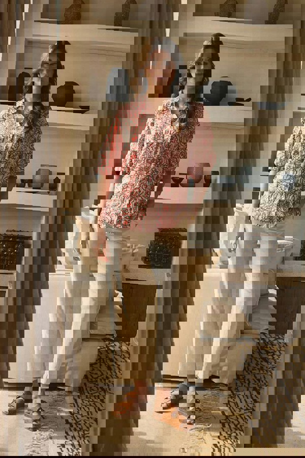 Red | Printed Puff 1/2 Sleeve Button-Up Shirt