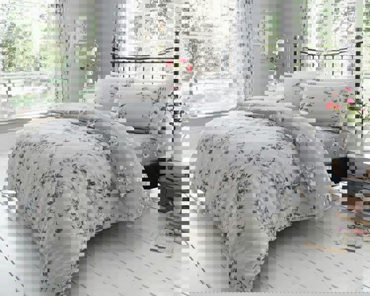 Smart Living Birdie Blossom Duvet Cover and Pillowcase Set - Grey