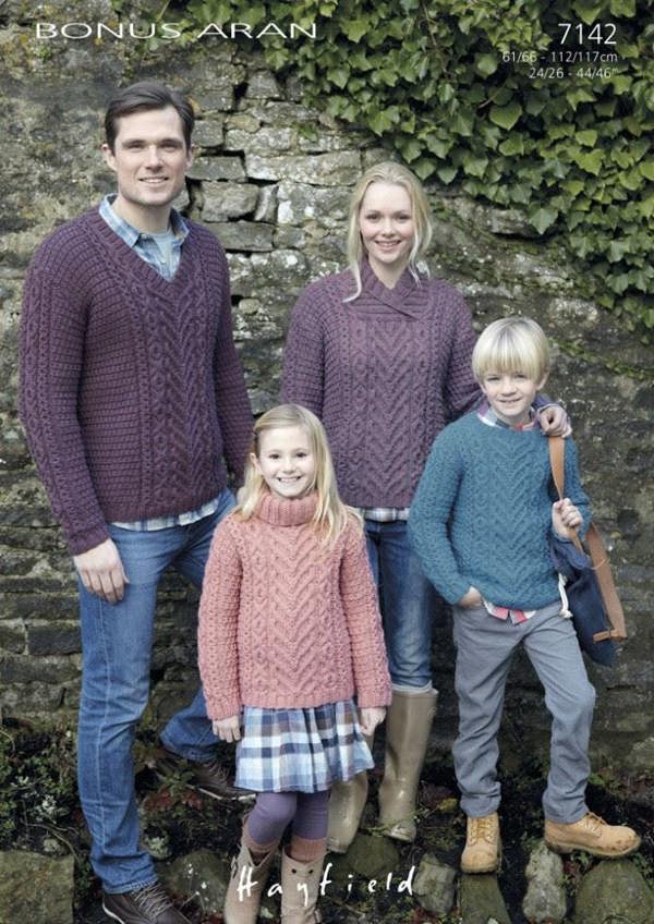 Hayfield Bonus Aran Knitting Pattern 7142, Sweaters for Kids, Men, Women, 24 - 46 Inches - Advanced