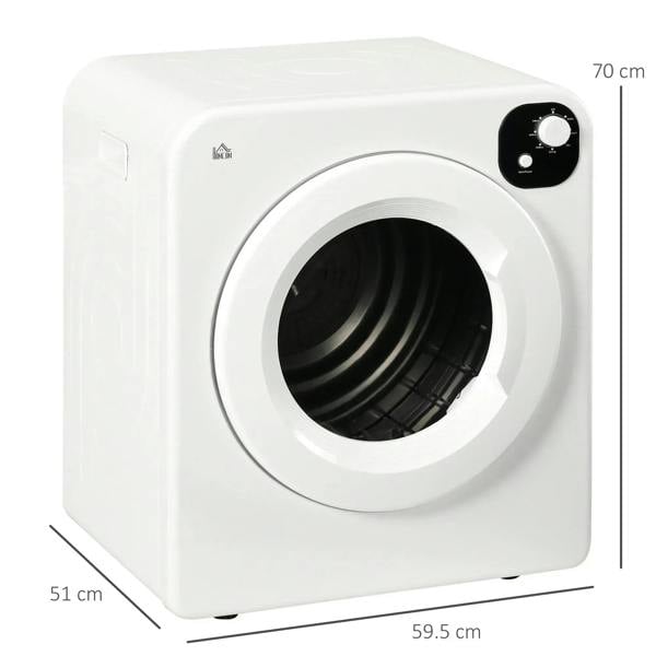 White countertop tumble dryer front view with large circular door window and control dial
