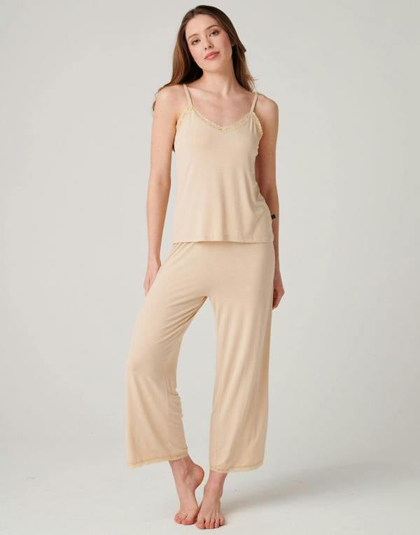 British Boxers Women's Bamboo Lace Camisole Pyjama Set – Soft Sand