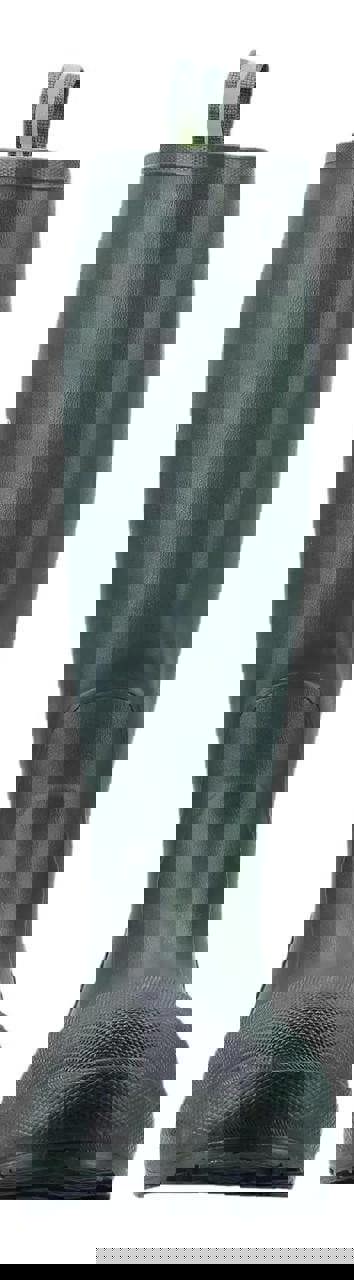 Muck Boots MUCK Boots Mudder S5 Mens Steel Toe Stable Farm Tall Wellington, front view of a tall, green rubber waterproof work boot with a pull tab at the top.