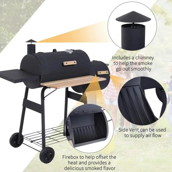 Black charcoal BBQ grill with chimney top, side vents, and wooden front shelf on caster wheels.