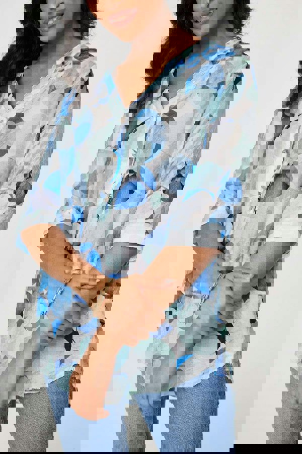 Blue | Printed 1/2 Sleeve Curve Hem Blouse