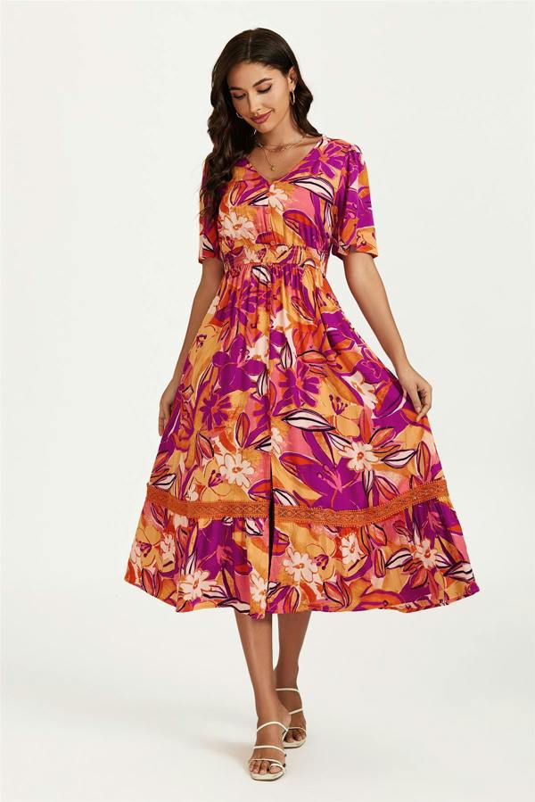 FS Collection Floral Print Button Down Maxi Dress In Pink Orange