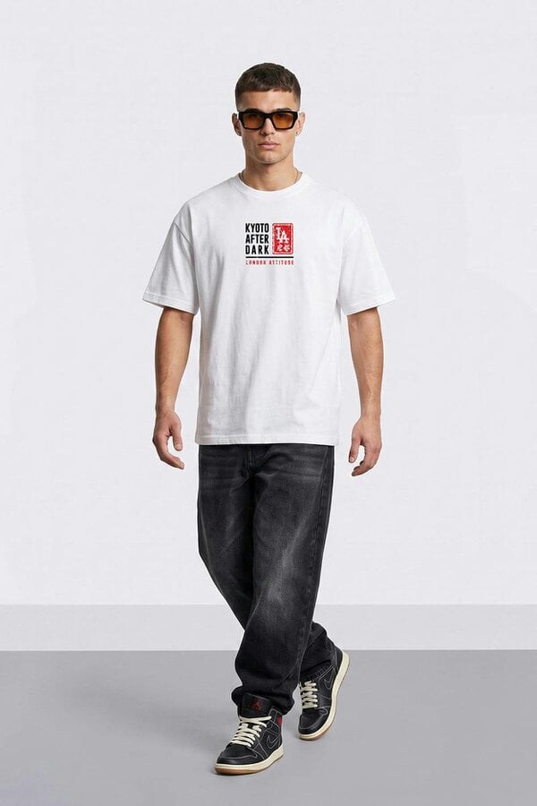 London Attitude Kyoto After Dark Oversized Heavyweight Japanese Graphic T-Shirt in White