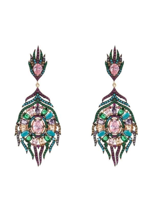 Peacock Colourful Feather Gemstone Earrings Rose Gold - LATELITA Earrings