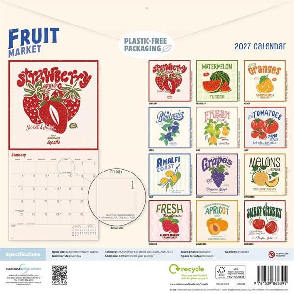 Fruit Market Calendar 2027, Wall Calendars, Month To View, Lifestyle, Gift