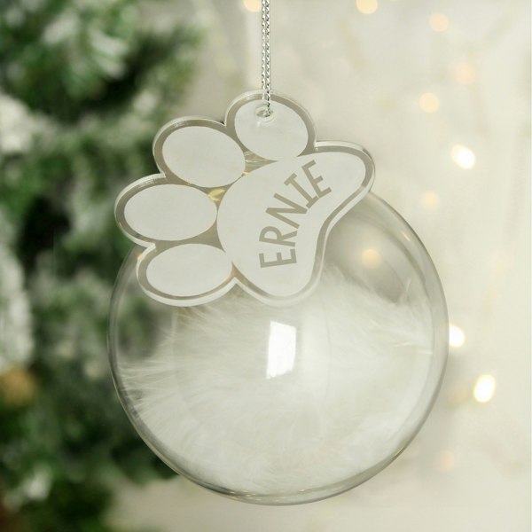 Personalised Memento Company Personalised Pets White Feather Glass Bauble With Paw Print Tag