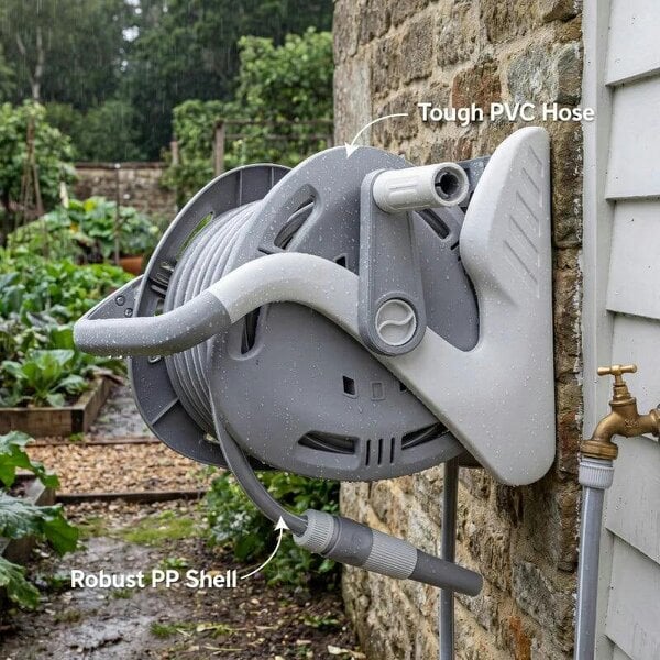 Bobobiy Portable Garden Hose Reel, 20+2 m Wall Mounted Hose Reel with 2 Patterns Spray Nozzle and Crank Handle, Grey