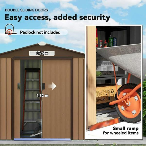 Light brown metal storage shed with double sliding doors and visible interior items