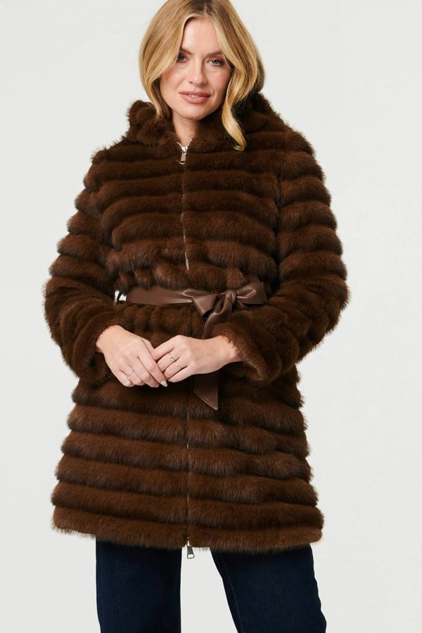 Brown | Faux Fur Striped Tie Waist Longline Coat
