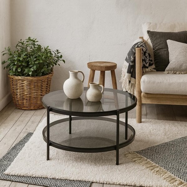 Wyld Haus Featheroak Grey Glass Round Coffee Table Black Metal Legs