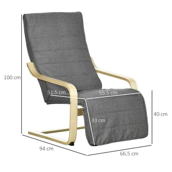 Dark grey upholstered lounge chair with light wood frame and extended footrest
