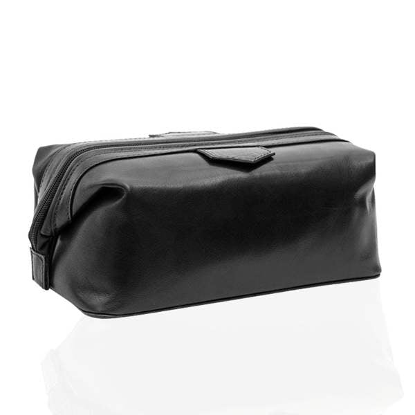Black leather washbag on a white background